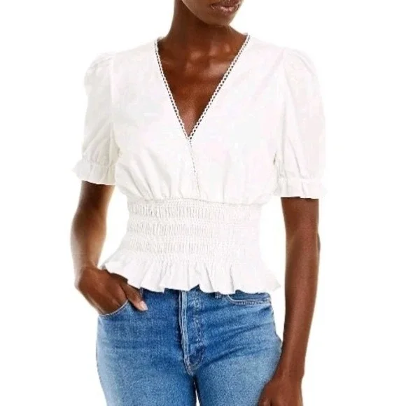 WAYF Retro Floral Print V-Neck Smocked Waist Top Size S Bright Boho Cottage core - Picture 2 of 8